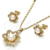 Oro Laminado Earring and Pendant Adult Set, Gold Filled Style Flower and Ball Design, with Ivory Pearl and White Crystal, Polished, Golden Finish, 10.156.0085