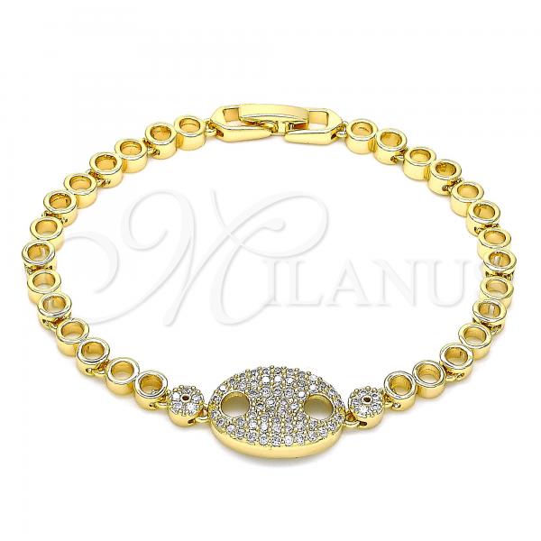 Oro Laminado Fancy Bracelet, Gold Filled Style Puff Mariner Design, with White Micro Pave, Polished, Golden Finish, 03.283.0037.07