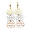 Oro Laminado Long Earring, Gold Filled Style Flower and Heart Design, Polished, Tricolor, 5.085.004