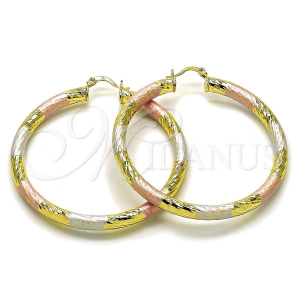 Oro Laminado Large Hoop, Gold Filled Style Hollow Design, Diamond Cutting Finish, Tricolor, 02.213.0311.1.60