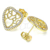 Oro Laminado Stud Earring, Gold Filled Style Heart Design, with White Micro Pave, Polished, Golden Finish, 02.156.0512