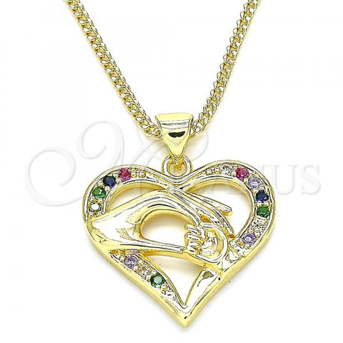 Oro Laminado Pendant Necklace, Gold Filled Style Heart and Hand Design, with Multicolor Micro Pave, Polished, Golden Finish, 04.156.0337.3.20