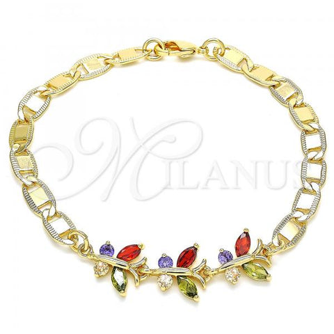 Oro Laminado Fancy Bracelet, Gold Filled Style Butterfly Design, with Multicolor Cubic Zirconia, Polished, Golden Finish, 03.63.2127.2.07