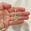 Oro Laminado Religious Pendant, Gold Filled Style Cross and Money Sign Design, with White Micro Pave, Polished, Golden Finish, 05.342.0152