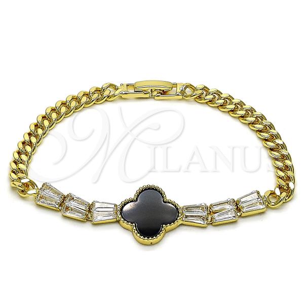 Oro Laminado Fancy Bracelet, Gold Filled Style Four-leaf Clover and Miami Cuban Design, with Black and White Cubic Zirconia, Polished, Golden Finish, 03.283.0415.07