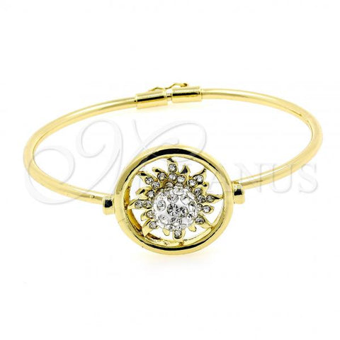 Oro Laminado Individual Bangle, Gold Filled Style Sun and Ball Design, with White Crystal, Polished, Golden Finish, 07.59.0047 (60 MM Thickness, Size 3 - 2.00 Diameter)