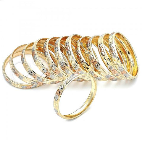 Gold Plated Dozen Bangle, Diamond Cutting Finish, Tricolor, 03.08.0088.01 (06 MM Thickness, Size 1 - 1.50 Diameter)