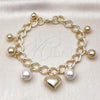 Oro Laminado Charm Bracelet, Gold Filled Style Heart and Ball Design, with Ivory Pearl, Polished, Golden Finish, 03.331.0311.09