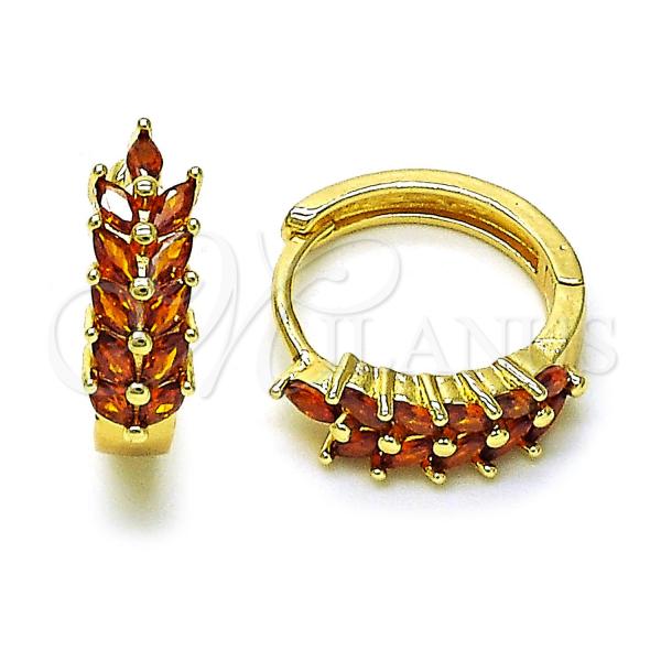 Oro Laminado Huggie Hoop, Gold Filled Style Cluster Design, with Garnet Cubic Zirconia, Polished, Golden Finish, 02.210.0863.1.18