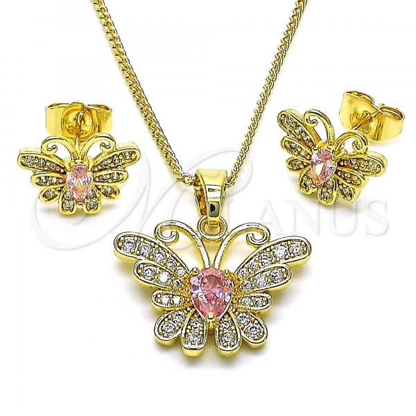 Oro Laminado Earring and Pendant Adult Set, Gold Filled Style Butterfly Design, with Pink Cubic Zirconia and White Micro Pave, Polished, Golden Finish, 10.210.0128.4