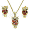 Oro Laminado Earring and Pendant Adult Set, Gold Filled Style Owl Design, with Garnet and Black Cubic Zirconia, Polished, Golden Finish, 10.210.0130.2