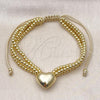 Oro Laminado Adjustable Bolo Bracelet, Gold Filled Style Heart and Ball Design, Polished, Golden Finish, 03.341.0232.11