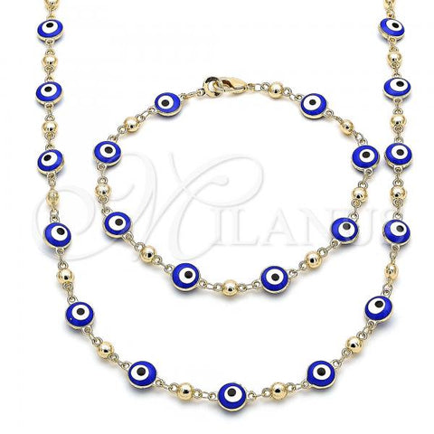 Oro Laminado Necklace and Bracelet, Gold Filled Style Evil Eye Design, Blue Enamel Finish, Golden Finish, 06.213.0008.2