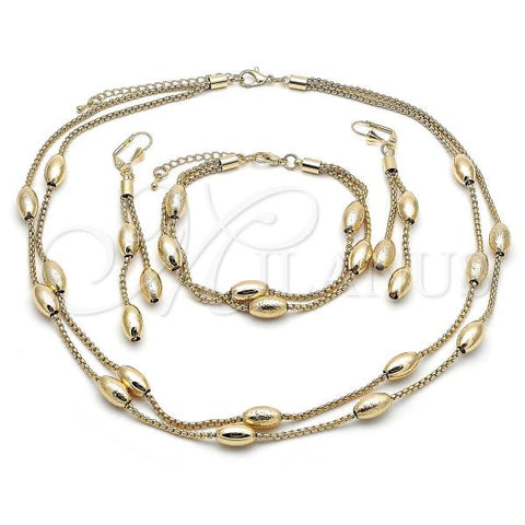 Oro Laminado Necklace, Bracelet and Earring, Gold Filled Style Box and Ball Design, Matte Finish, Golden Finish, 06.372.0072.1