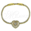 Oro Laminado Fancy Bracelet, Gold Filled Style Heart and Baguette Design, with White Cubic Zirconia, Polished, Golden Finish, 03.421.0005.07