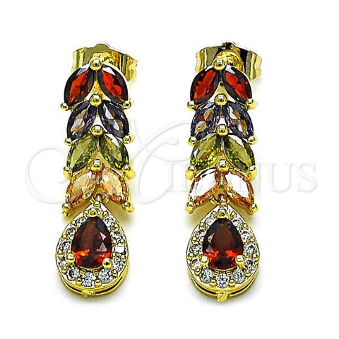 Oro Laminado Long Earring, Gold Filled Style Leaf and Teardrop Design, with Multicolor Cubic Zirconia and White Micro Pave, Polished, Golden Finish, 02.346.0020.2