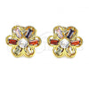 Oro Laminado Stud Earring, Gold Filled Style Flower Design, with Multicolor Cubic Zirconia, Polished, Golden Finish, 02.387.0101