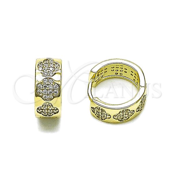 Oro Laminado Huggie Hoop, Gold Filled Style Four-leaf Clover Design, with White Micro Pave, Polished, Golden Finish, 02.213.0784.15