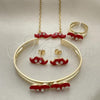 Oro Laminado Earring and Pendant Children Set, Gold Filled Style Moustache Design, with White Crystal, Red Enamel Finish, Golden Finish, 06.65.0148