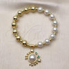 Oro Laminado Fancy Bracelet, Gold Filled Style Expandable Bead and Ball Design, with Ivory Pearl and Green Cubic Zirconia, Polished, Golden Finish, 03.341.0251.07