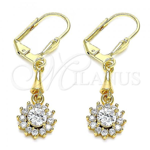 Oro Laminado Long Earring, Gold Filled Style Flower Design, with White Cubic Zirconia, Polished, Golden Finish, 02.213.0338
