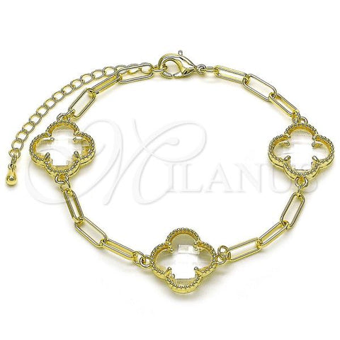 Oro Laminado Fancy Bracelet, Gold Filled Style Four-leaf Clover and Paperclip Design, with White Crystal, Polished, Golden Finish, 03.319.0015.1.07