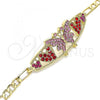 Oro Laminado Fancy Bracelet, Gold Filled Style Butterfly and Heart Design, with Pink and Garnet Crystal, Polished, Golden Finish, 03.380.0052.1.08