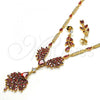Oro Laminado Necklace and Earring, Gold Filled Style Teardrop Design, with Garnet and White Cubic Zirconia, Polished, Golden Finish, 06.221.0009.1