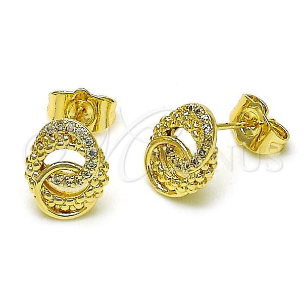 Oro Laminado Stud Earring, Gold Filled Style Love Knot Design, with White Micro Pave, Diamond Cutting Finish, Golden Finish, 02.411.0019