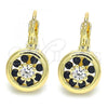 Oro Laminado Leverback Earring, Gold Filled Style Flower Design, with Black and White Cubic Zirconia, Polished, Golden Finish, 02.210.0216.3