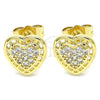 Oro Laminado Stud Earring, Gold Filled Style Heart Design, with White Micro Pave, Polished, Golden Finish, 02.210.0420