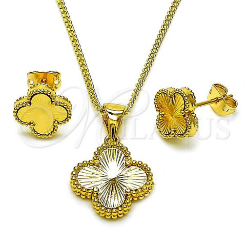 Oro Laminado Earring and Pendant Adult Set, Gold Filled Style Four-leaf Clover Design, Diamond Cutting Finish, Golden Finish, 10.342.0200