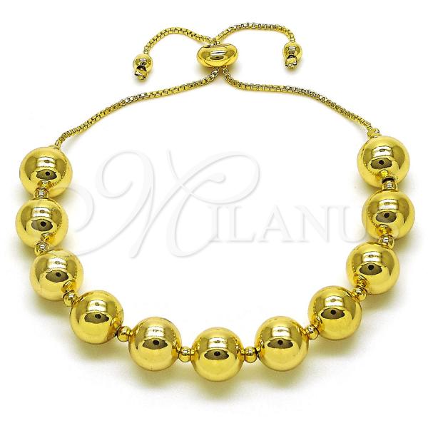 Oro Laminado Adjustable Bolo Bracelet, Gold Filled Style Ball and Box Design, Polished, Golden Finish, 03.417.0008.11
