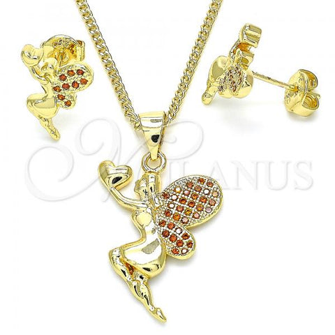 Oro Laminado Earring and Pendant Adult Set, Gold Filled Style Angel and Heart Design, with Garnet Micro Pave, Polished, Golden Finish, 10.156.0264.2