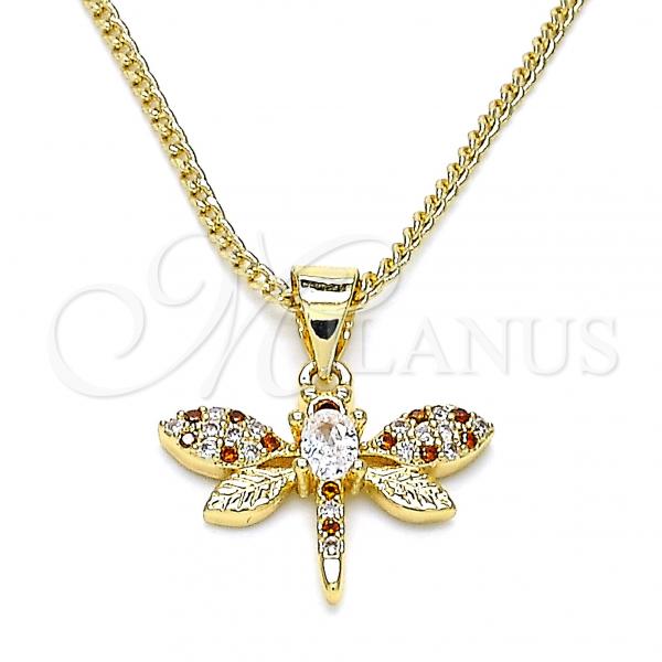 Oro Laminado Pendant Necklace, Gold Filled Style Dragon-Fly Design, with Garnet and White Micro Pave, Polished, Golden Finish, 04.156.0442.1.20