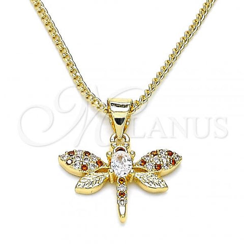 Oro Laminado Pendant Necklace, Gold Filled Style Dragon-Fly Design, with Garnet and White Micro Pave, Polished, Golden Finish, 04.156.0442.1.20