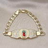 Oro Laminado Fancy Bracelet, Gold Filled Style Guadalupe and Cross Design, with White Cubic Zirconia, Diamond Cutting Finish, Tricolor, 03.411.0021.07