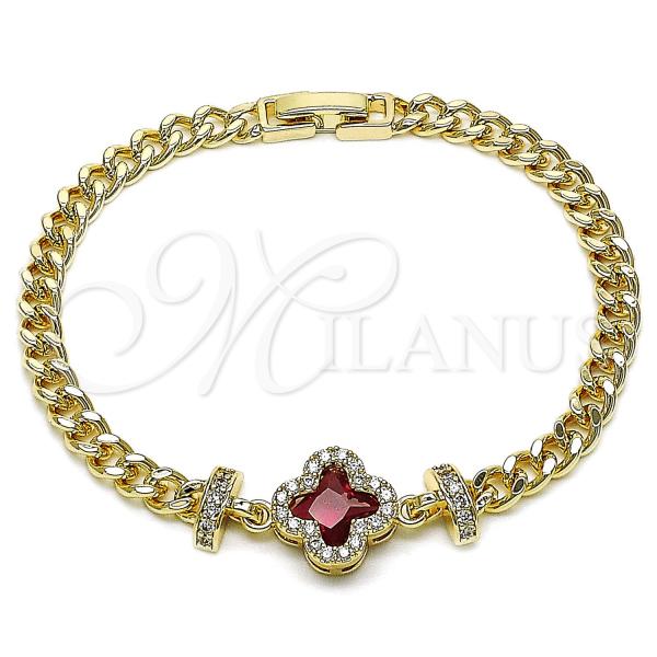 Oro Laminado Fancy Bracelet, Gold Filled Style Four-leaf Clover and Miami Cuban Design, with Ruby Cubic Zirconia and White Micro Pave, Diamond Cutting Finish, Golden Finish, 03.283.0416.2.07