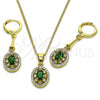 Oro Laminado Earring and Pendant Adult Set, Gold Filled Style with Green Cubic Zirconia and White Micro Pave, Polished, Golden Finish, 10.387.0009.1