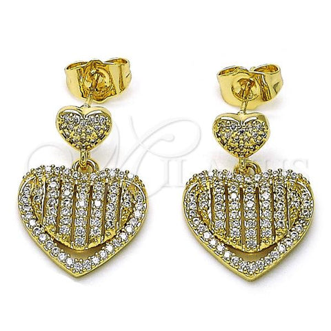 Oro Laminado Stud Earring, Gold Filled Style Heart Design, with White Micro Pave, Polished, Golden Finish, 02.283.0103