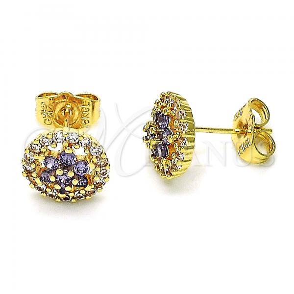 Oro Laminado Stud Earring, Gold Filled Style Flower Design, with Amethyst and White Cubic Zirconia, Polished, Golden Finish, 02.310.0021.2