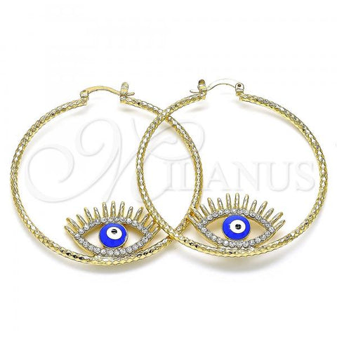 Oro Laminado Large Hoop, Gold Filled Style Evil Eye Design, with White Crystal, Blue Enamel Finish, Golden Finish, 02.380.0077.50