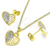 Oro Laminado Earring and Pendant Adult Set, Gold Filled Style Heart Design, with White Crystal and Ivory Pearl, Polished, Golden Finish, 10.379.0020