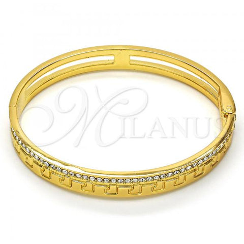 Oro Laminado Individual Bangle, Gold Filled Style Greek Key Design, with White Crystal, Polished, Golden Finish, 07.252.0035.04 (08 MM Thickness, Size 4 - 2.25 Diameter)