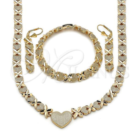 Oro Laminado Necklace, Bracelet and Earring, Gold Filled Style Heart and Hugs and Kisses Design, Matte Finish, Golden Finish, 06.282.0003