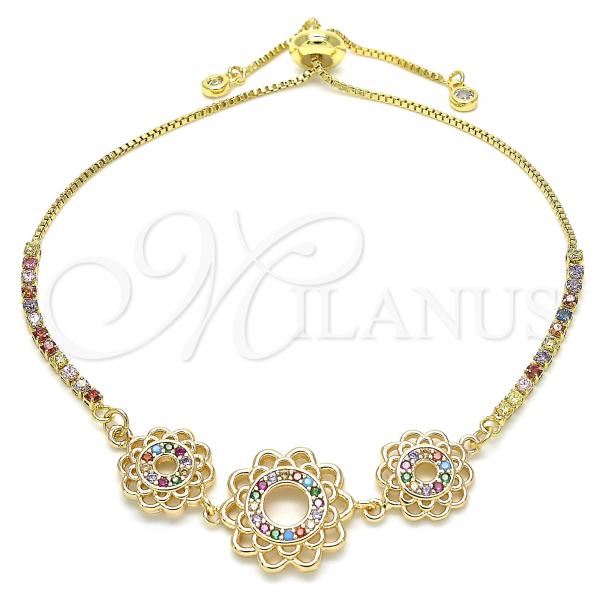 Oro Laminado Adjustable Bolo Bracelet, Gold Filled Style Flower Design, with Multicolor Cubic Zirconia, Polished, Golden Finish, 03.233.0021.3.12