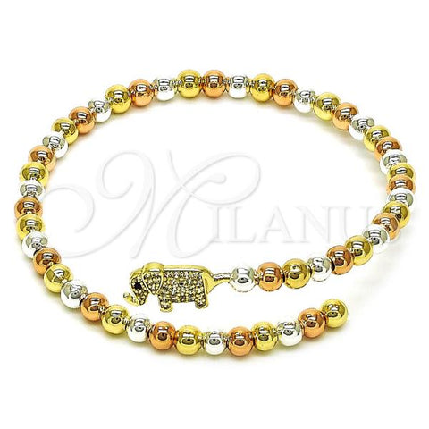 Oro Laminado Individual Bangle, Gold Filled Style Elephant and Ball Design, with White Cubic Zirconia, Polished, Tricolor, 07.411.0002