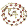 Oro Laminado Medium Rosary, Gold Filled Style Guadalupe and Crucifix Design, Red Resin Finish, Golden Finish, 09.63.0107.2.18