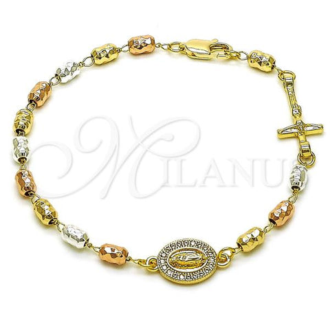 Oro Laminado Fancy Bracelet, Gold Filled Style Guadalupe and Cross Design, with White Micro Pave, Diamond Cutting Finish, Tricolor, 03.253.0115.08