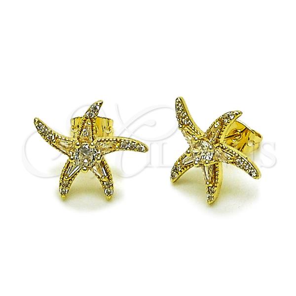 Oro Laminado Stud Earring, Gold Filled Style Star and Baguette Design, with White Cubic Zirconia and White Micro Pave, Polished, Golden Finish, 02.213.0826